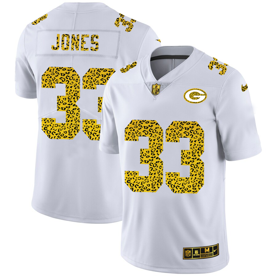 Custom Green Bay Packers 33 Aaron Jones Men Nike Flocked Leopard Print Vapor Limited NFL Jersey White